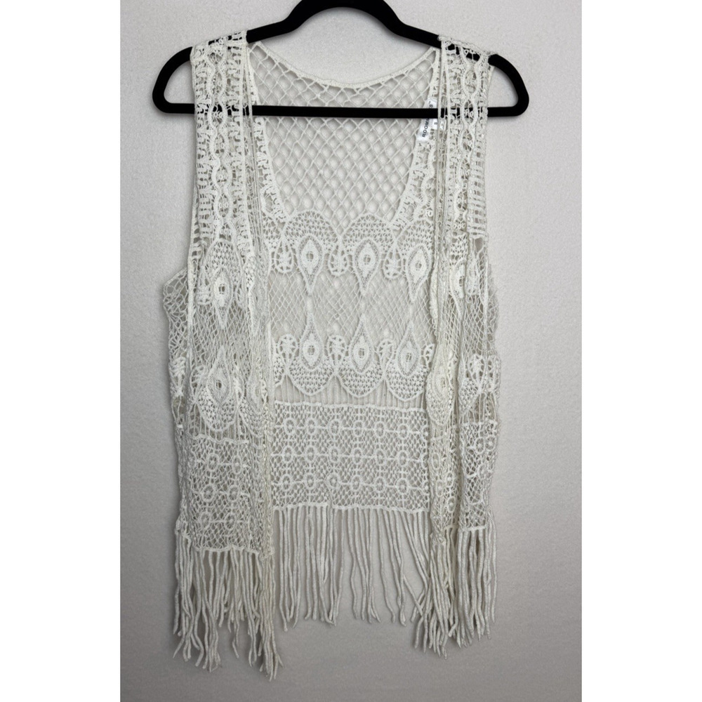 Roommates Womens Open Front White Crochet Vest Fringe Size S Boho Fairy Festival